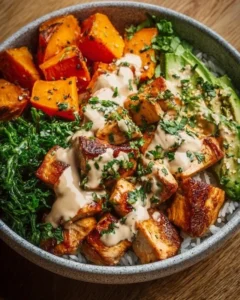 Healthy chicken and sweet potato bowls with fresh ingredients
