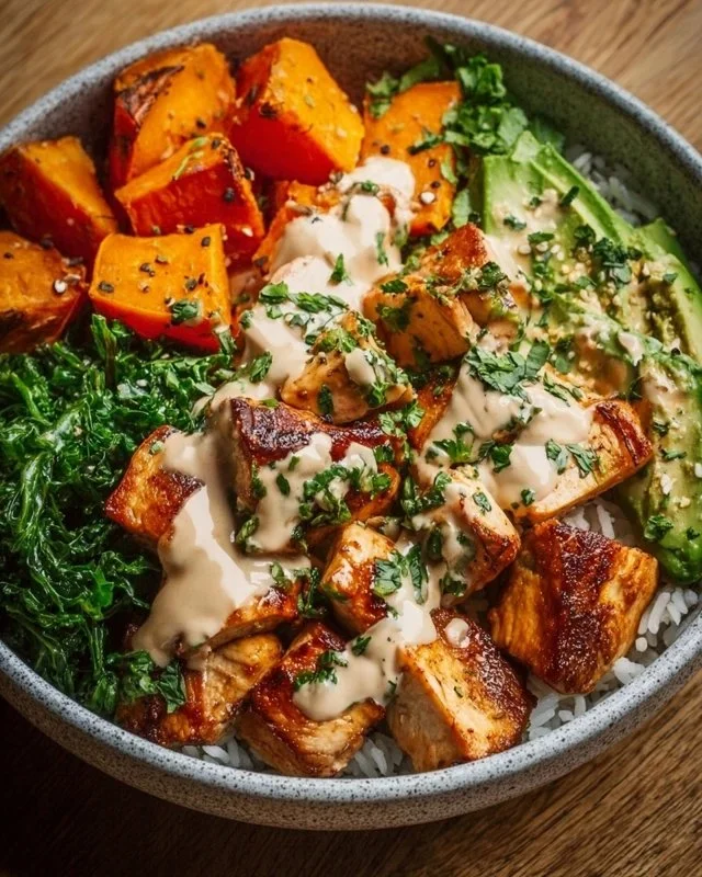 Healthy chicken and sweet potato bowls with fresh ingredients