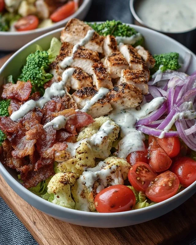 Delicious Chicken Bacon Ranch Keto Bowl with fresh ingredients and toppings