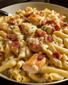 Delicious Chicken Bacon Ranch Pasta served in a bowl with bacon and chicken pieces.
