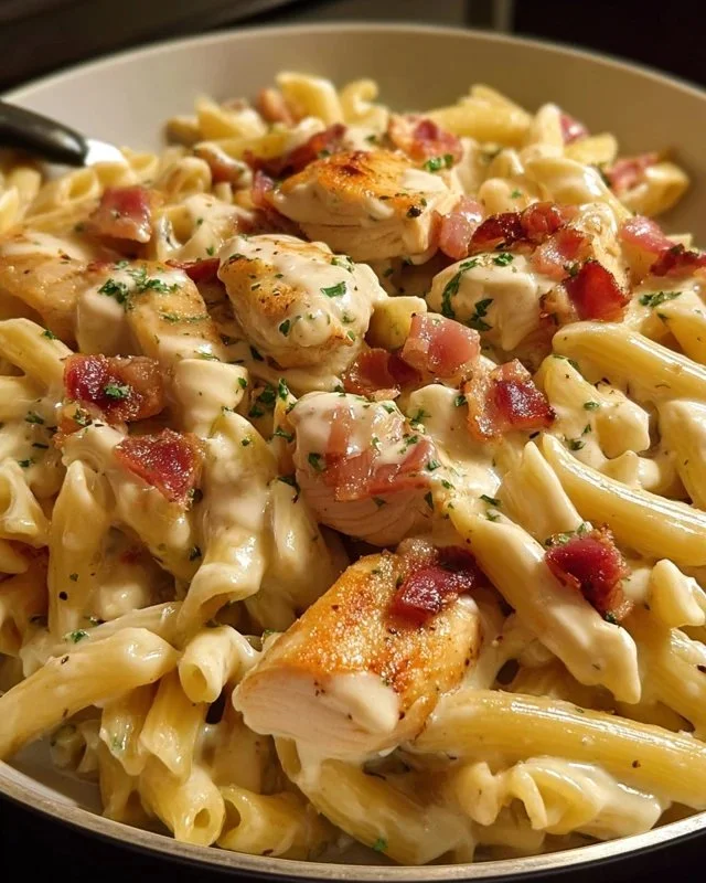 Delicious Chicken Bacon Ranch Pasta served in a bowl with bacon and chicken pieces.