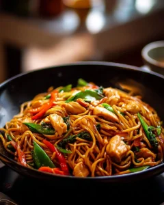 Homemade Chicken Lo Mein with vegetables and noodles