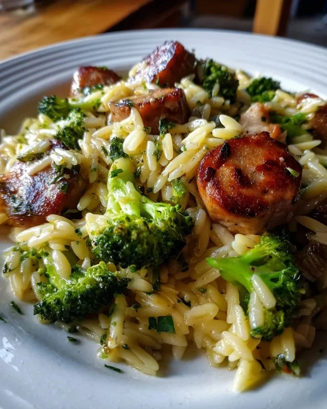 Chicken Sausage and Broccoli Orzo dish served in a bowl