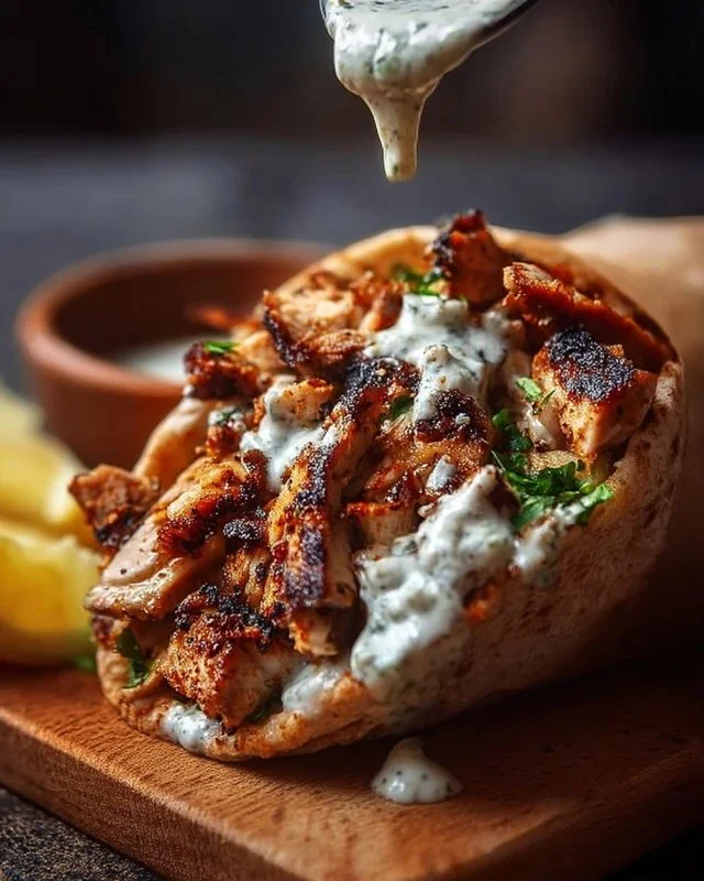 Plate of Chicken Shawarma drizzled with creamy garlic sauce and fresh vegetables