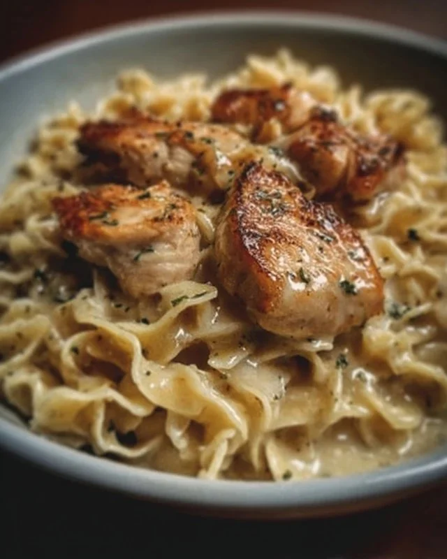 Delicious chicken served with buttered noodles in a bowl