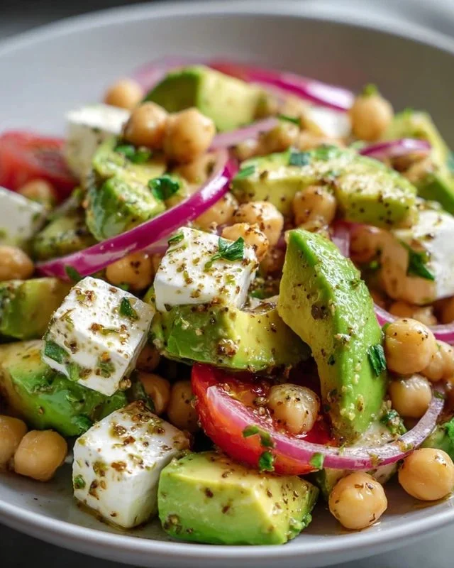 Chickpea Feta Avocado Salad with fresh ingredients in a bowl