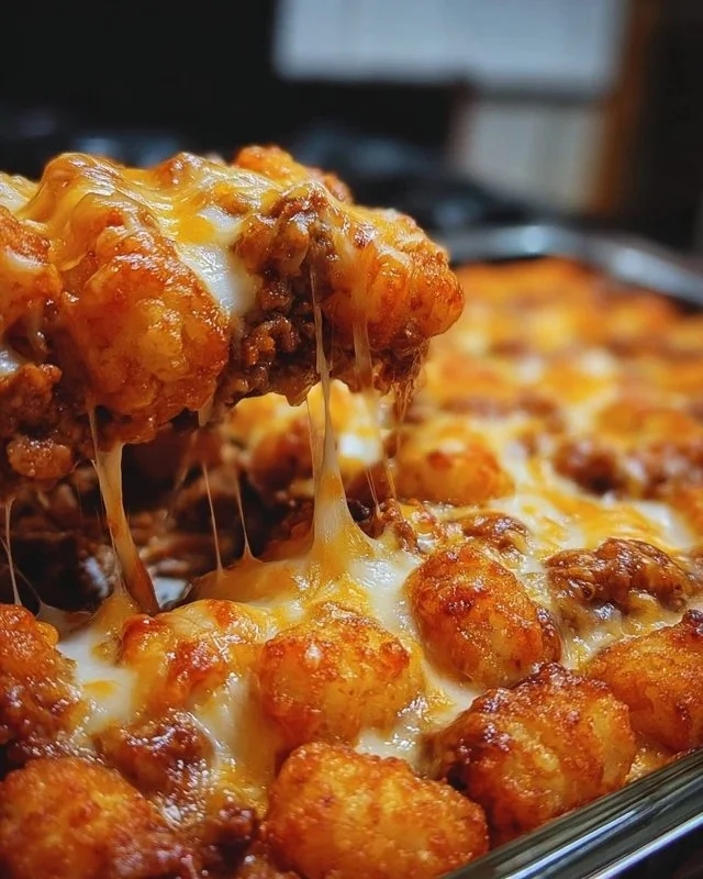 Chili Cheese Tater Tot Casserole topped with melted cheese and chili