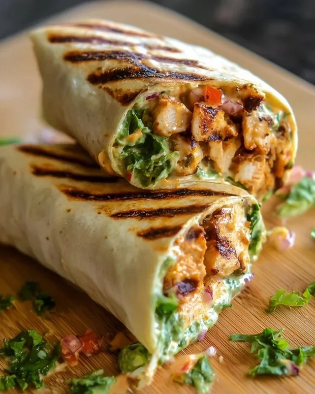 Chipotle Ranch Grilled Chicken Burrito wrapped in a tortilla with fresh ingredients.
