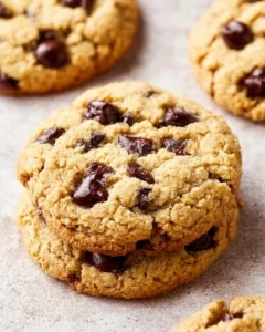 Delicious chocolate chip almond flour cookies on a rustic wooden table.