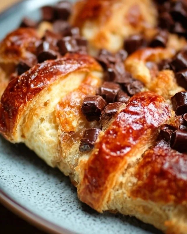 Chocolate croissant breakfast bake with melted chocolate and flaky pastry layers.