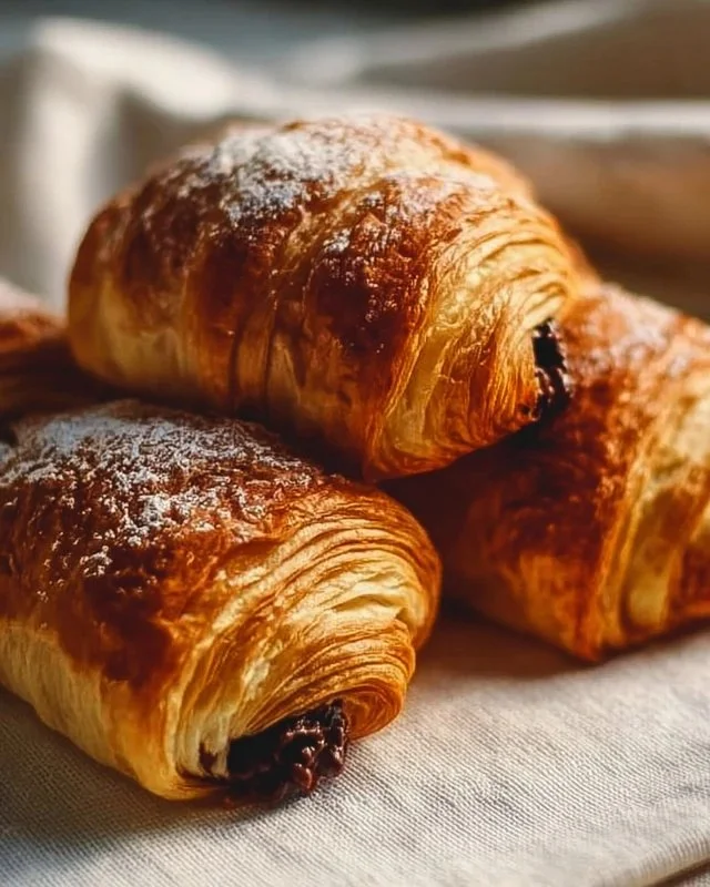 Fresh chocolate croissants, flaky pastry filled with rich chocolate filling