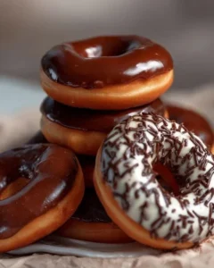 Freshly made chocolate glazed donuts on a wooden table