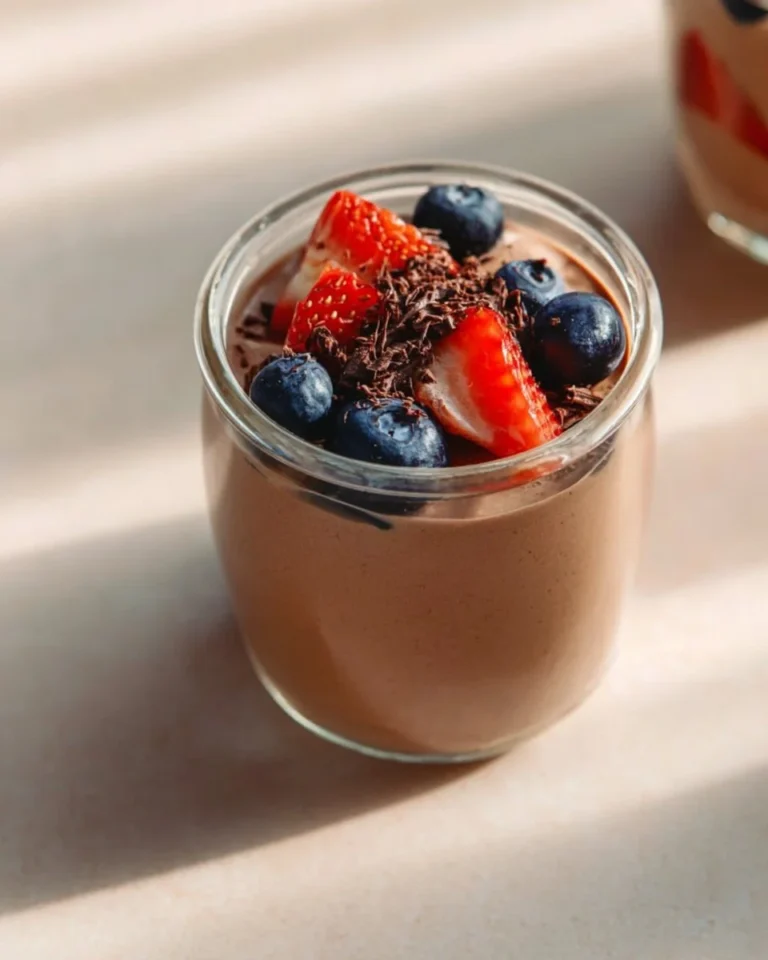 Delicious chocolate protein pudding recipe topped with berries and nuts