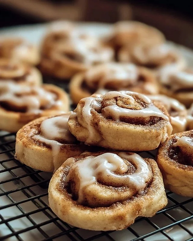 Freshly baked cinnamon roll cookies with icing on a plate