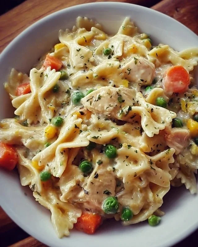 Delicious creamy Chicken Pot Pie Pasta served in a bowl