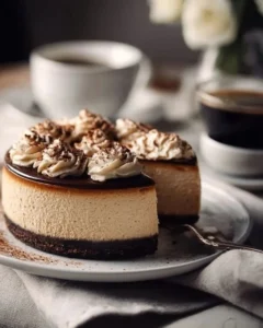 Delicious slice of Coffee Cheesecake topped with coffee beans and cream
