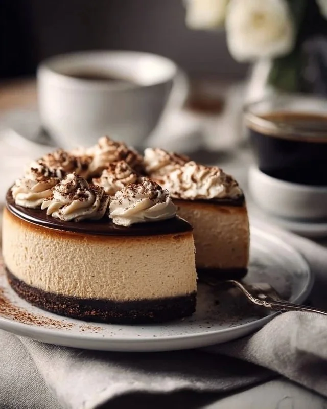 Delicious slice of Coffee Cheesecake topped with coffee beans and cream