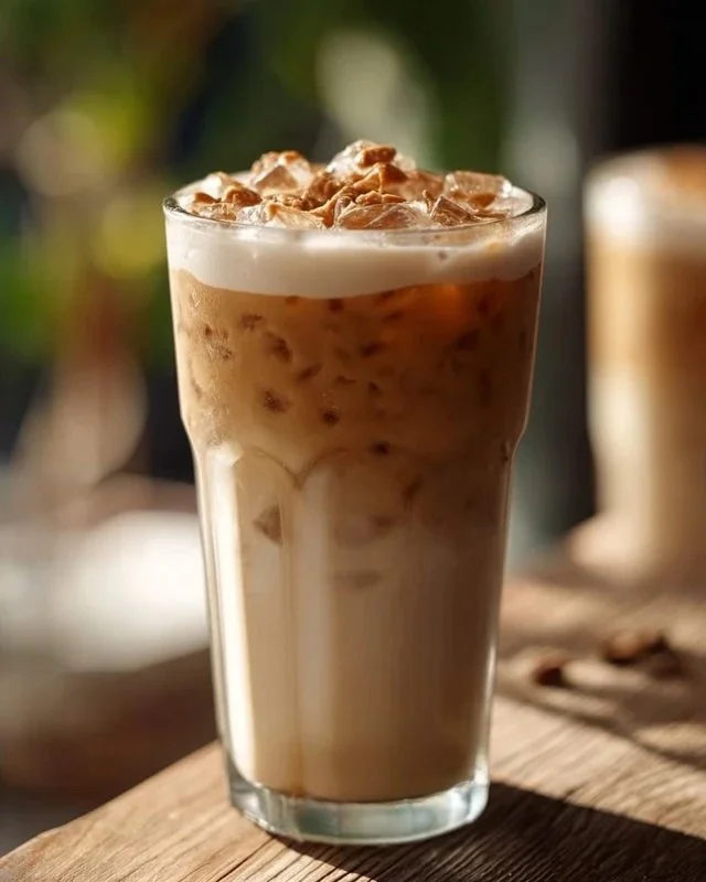 Delicious Cookie Butter Iced Chai Latte topped with whipped cream and cookie crumbles