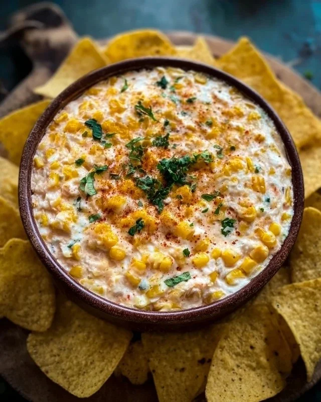 Delicious homemade Corn Dip served in a bowl with tortilla chips