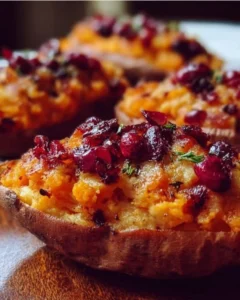 Cranberry apple twice-baked sweet potatoes garnished and ready to serve