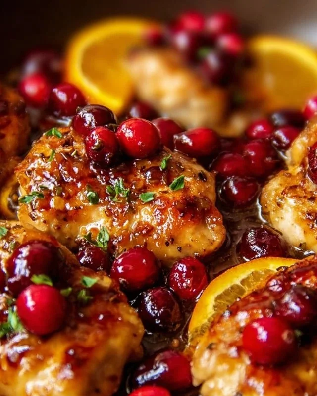 Juicy Cranberry Orange Chicken garnished with fresh herbs and orange slices