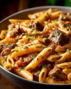 Creamy beef pasta dish garnished with herbs in a bowl