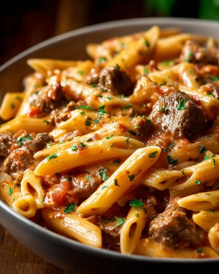 Creamy beef pasta dish garnished with herbs in a bowl