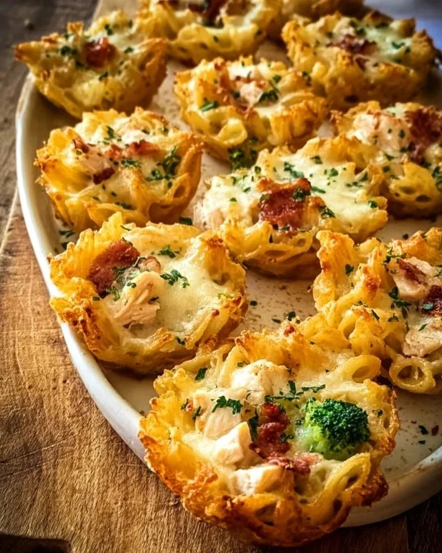 Creamy chicken and broccoli pasta bake topped with cheese in a casserole dish.
