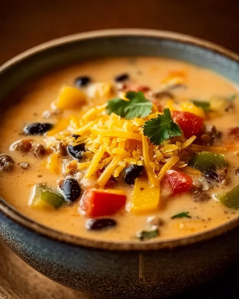 Bowl of creamy Cowboy Soup with vegetables and spices, perfect for weeknight dinners.