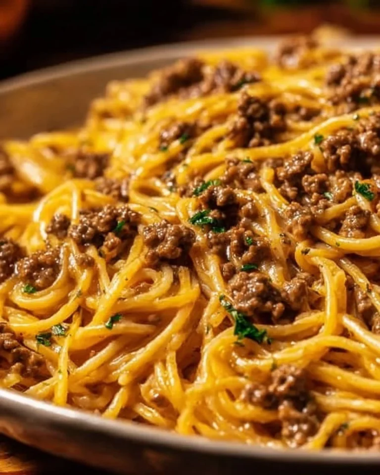 Creamy garlic butter pasta with ground beef served in a bowl