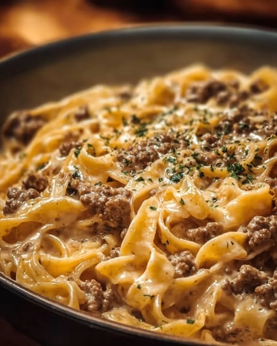 Creamy Garlic Butter Pasta with Ground Beef