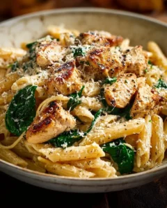 Creamy garlic parmesan chicken pasta served in a plate with herbs
