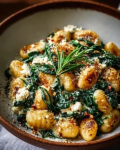 Creamy gnocchi with spinach and feta served in a bowl