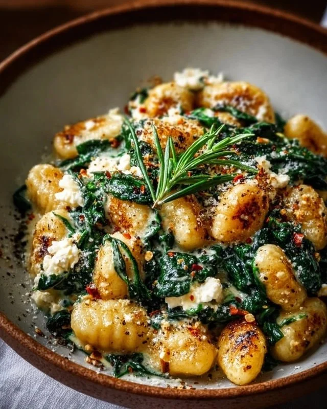 Creamy gnocchi with spinach and feta served in a bowl