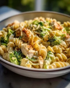 Creamy rotisserie chicken broccoli pasta dish served in a bowl