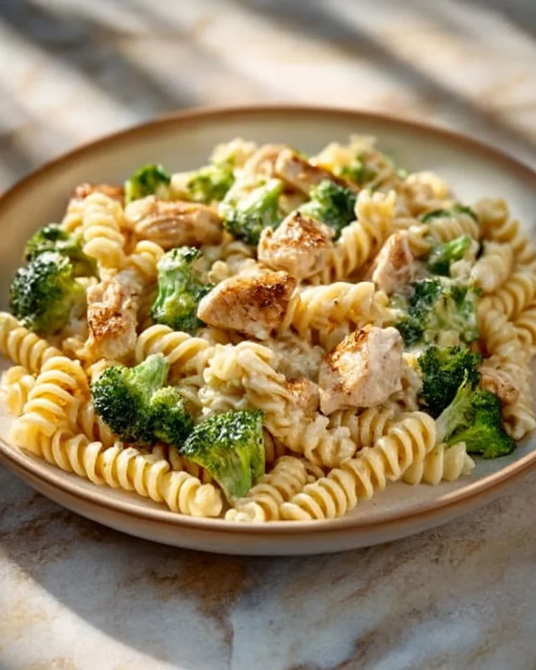 Creamy Rotisserie Chicken Broccoli Pasta served in a bowl