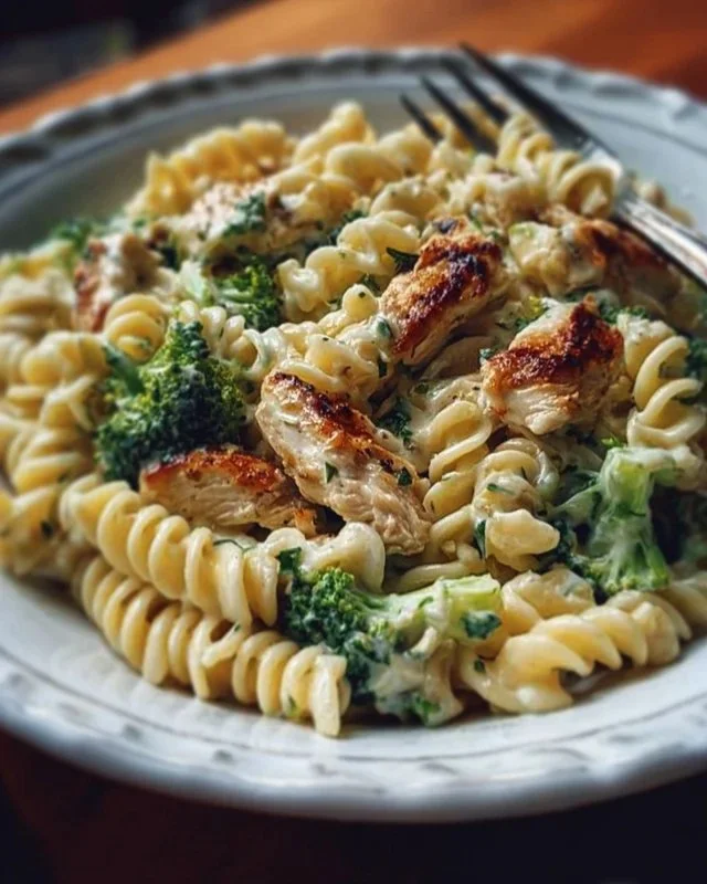 Creamy rotisserie chicken pasta with broccoli in a bowl