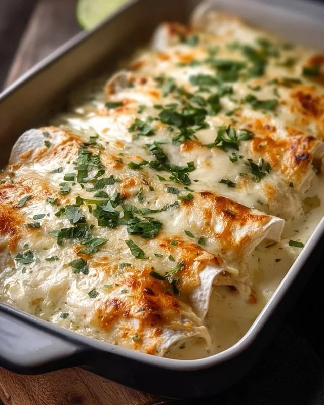 Creamy white chicken enchiladas topped with cheese and sauce