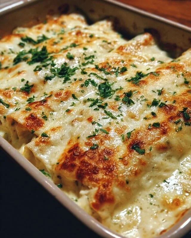 Delicious creamy white chicken enchiladas topped with cheese and sauce