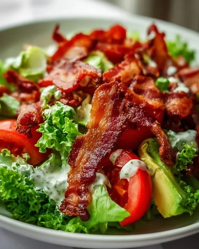 Crispy Bacon Keto BLT Salad with lettuce, tomatoes, and dressing.