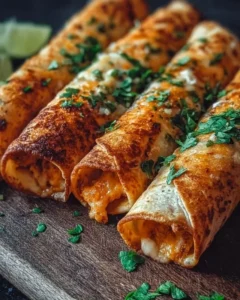 Plate of crispy baked chicken taquitos garnished with fresh cilantro