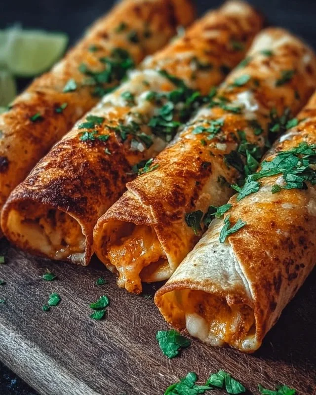 Plate of crispy baked chicken taquitos garnished with fresh cilantro