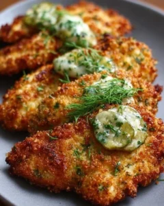 Delicious Crispy Dill Pickle Parmesan Chicken garnished with fresh herbs