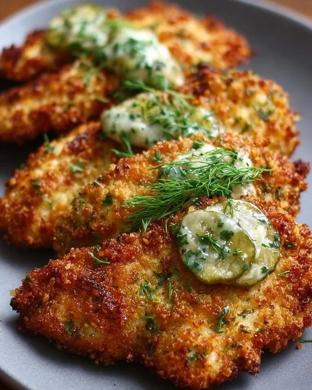 Delicious Crispy Dill Pickle Parmesan Chicken garnished with fresh herbs