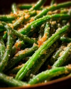 Crispy Garlic Parmesan Roasted Green Beans served in a bowl