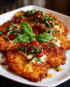 Crispy Parmesan-Basil Chicken Cutlets served on a plate with fresh herbs.