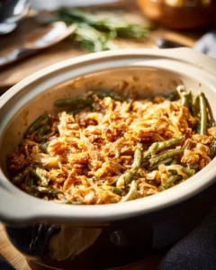 Crock Pot Green Bean Casserole with crispy toppings