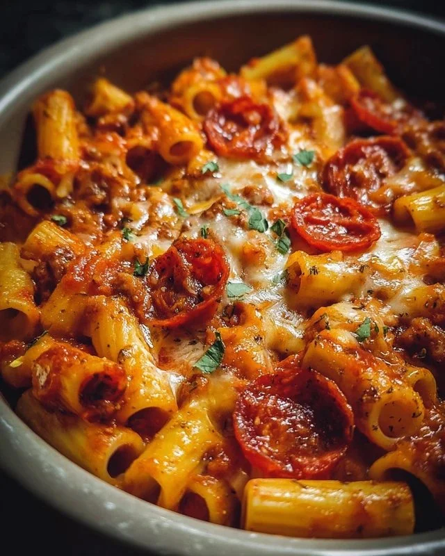 Delicious Crockpot Pizza Pasta served in a bowl with cheese and herbs