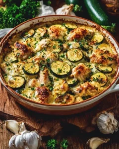Easy chicken zucchini bake with melted cheese and fresh vegetables