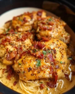 Delicious easy crock pot crack chicken served with creamy sauce and herbs
